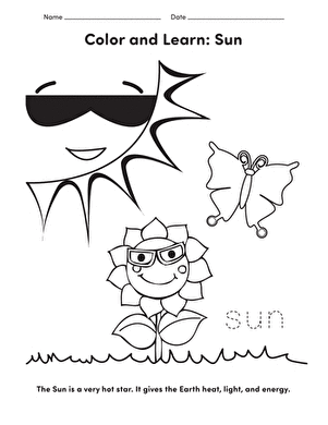 Learn About the Sun worksheet for young children coloring page number 22 Kindergarten worksheet showing a sunny scene for learning about the sun
