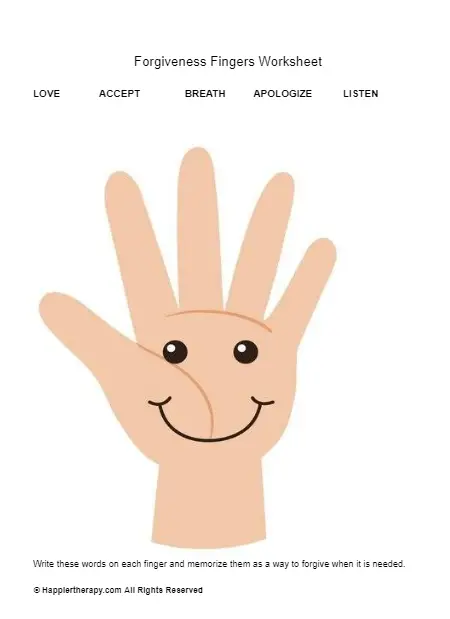 Forgiveness Fingers activity highlighting key words for emotional learning in young children for image 17 Kindergarten student completing the Forgiveness Fingers worksheet by writing supportive words on hand-shaped fingers