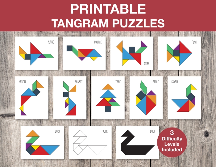 Kindergarten tangram template worksheet featuring colorful geometric shapes for fraction learning