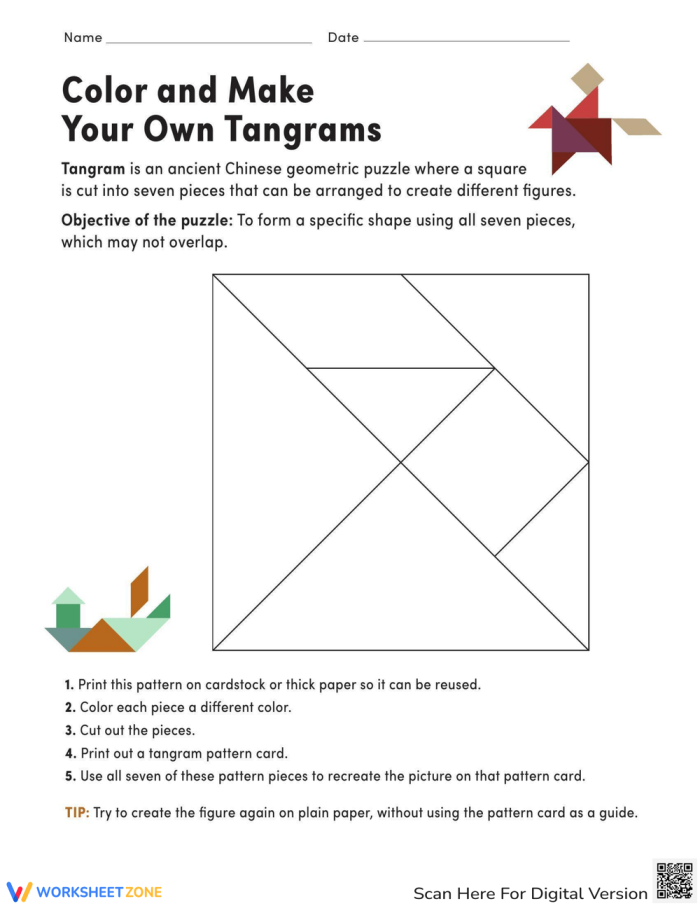 Kindergarten tangram worksheet featuring colorful geometric shapes to explore fractions