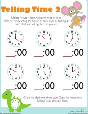 Telling Time with Melissa Mouse 1 worksheet for early math practice Kindergarten worksheet featuring Melissa Mouse to help kids learn to tell time with digital and analog clocks