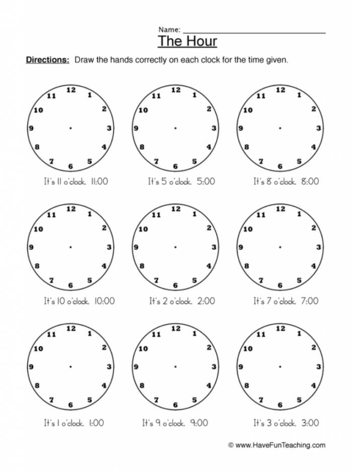 Kindergarten worksheet for drawing whole hours on analog clocks to practice telling time
