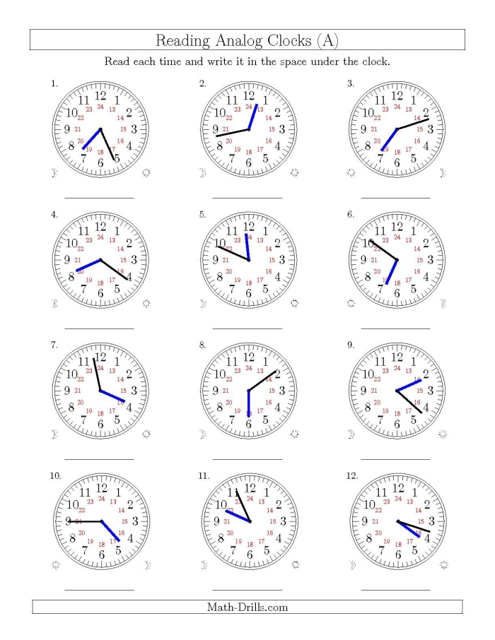 Kindergarten worksheet featuring analog clocks for practicing whole hour time telling