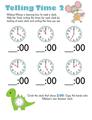Worksheet image for practicing time recognition in early childhood education Kindergarten students engaging with the Telling Time with Melissa Mouse 1 worksheet featuring digital and analog clocks