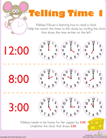 Telling Time with Melissa Mouse 1 worksheet for early learners in kindergarten Kindergarten math worksheet featuring Melissa Mouse helping children learn to tell time with digital and analog clocks