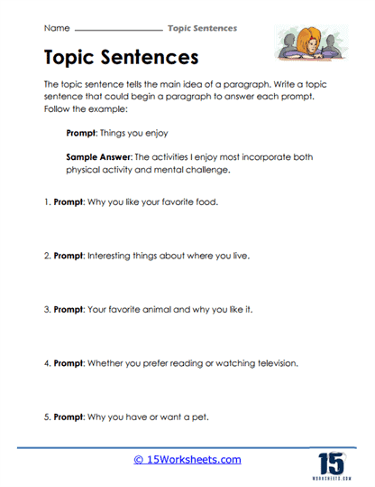 Topic Sentences worksheet designed for kindergarten students learning to organize sentences. Fun activity for young writers to practice inferring main ideas.