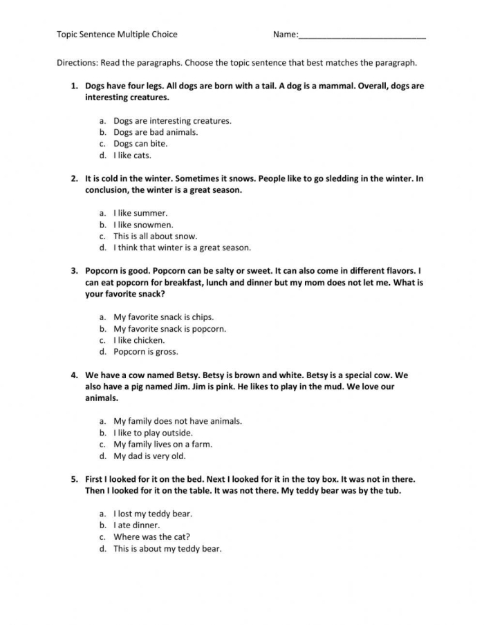 Kindergarten worksheet featuring topic sentences for organizing paragraphs