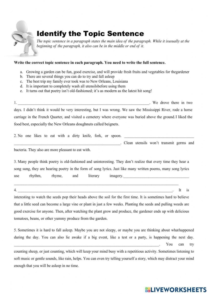 Kindergarten worksheet featuring topic sentences for organizing paragraphs