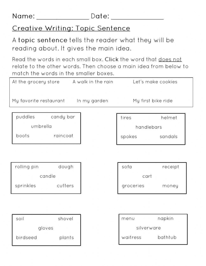 Topic sentences worksheet for kindergarten focusing on organizing sentences into paragraphs