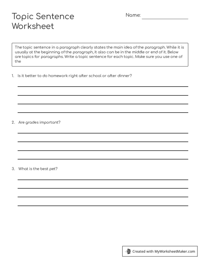 Worksheet for organizing topic sentences into paragraphs for kindergarten students