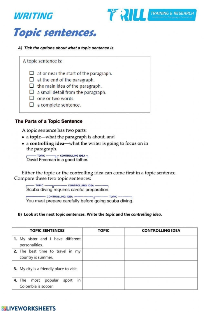 Worksheet featuring topic sentences for organizing paragraphs in kindergarten