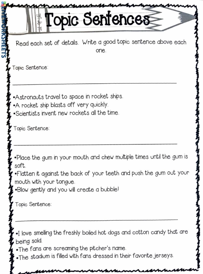 Worksheet featuring topic sentences to help kindergarteners organize sentences into paragraphs