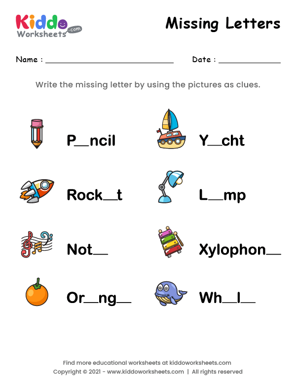 Spelling practice with missing initial letters on a kindergarten reading worksheet 8 Kindergarten worksheet where children fill in missing first letters for toy names