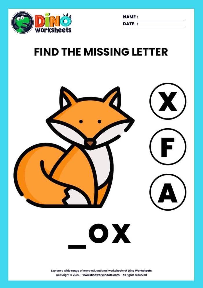 Find Missing Letters activity for young learners with toy names to complete on worksheet 10 Kindergarten spelling worksheet showing toys with missing first letters to fill in