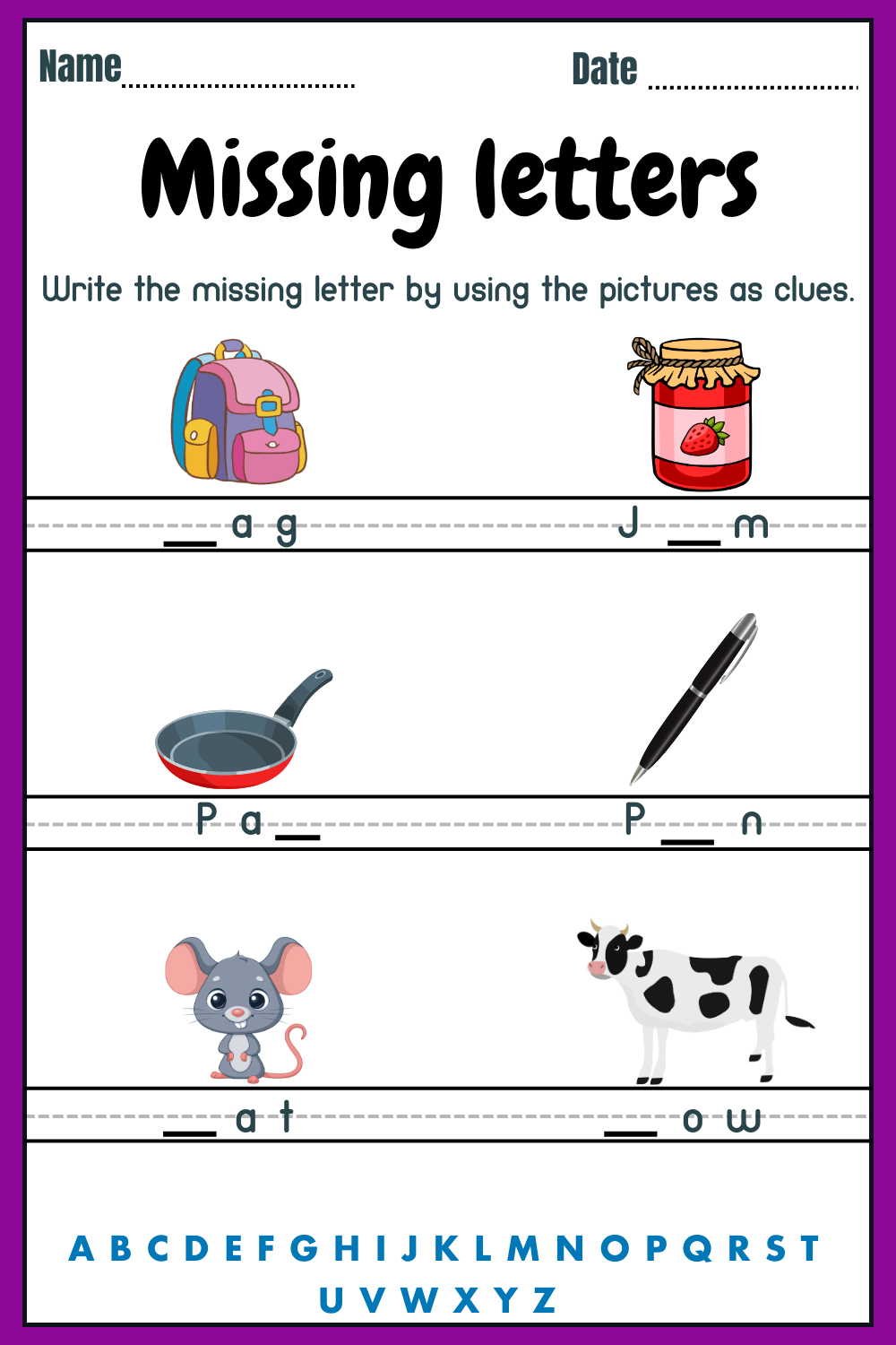 Kindergarten worksheet 17 for practicing spelling by adding missing letters to toy words Kindergarten spelling worksheet where kids fill in the missing first letter of toy names