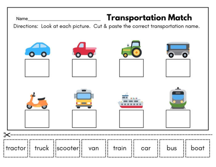 Transportation Match-Up activity for young learners exploring different modes of travel on worksheet 12 Kindergarten Transportation Match-Up worksheet showing various vehicles traveling on land, air, and water