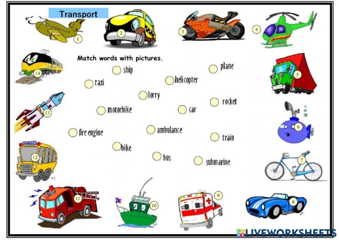 Kindergarten multiplication activity featuring various transportation modes on worksheet 17 Colorful Transportation Match-Up worksheet for kindergarten multiplication showing land, air, and water vehicles