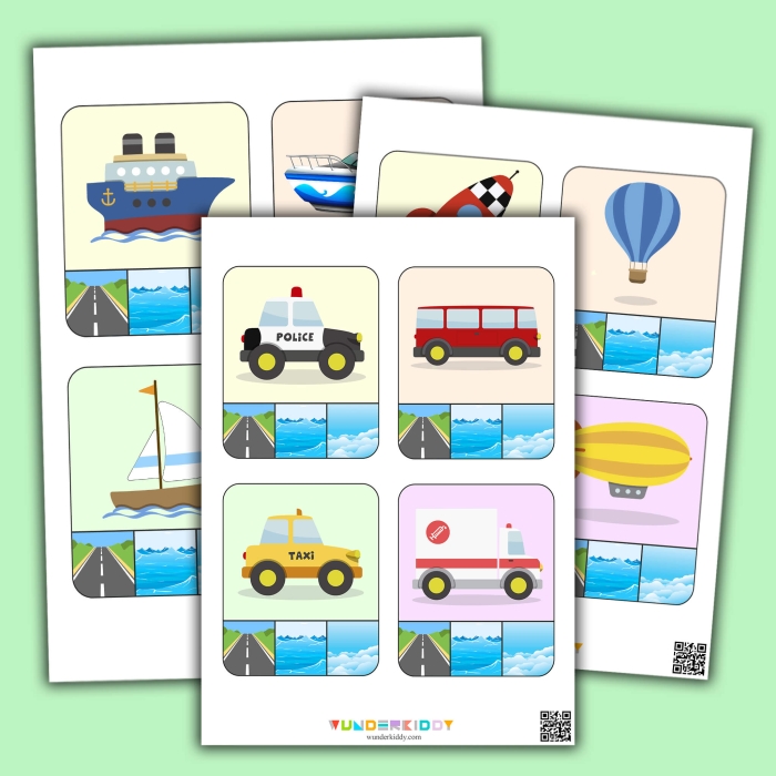 Transportation Match-Up activity for young learners exploring land, air, and water vehicles Kindergarten multiplication worksheet featuring various transportation modes to match