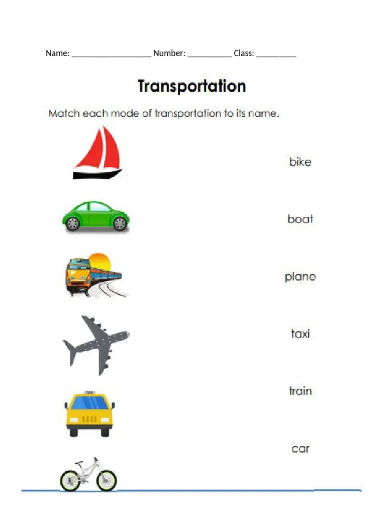 Transportation Match-Up worksheet featuring land, air, and water vehicles for young learners 25 Kindergarten worksheet showing various transportation modes for matching and multiplication practice