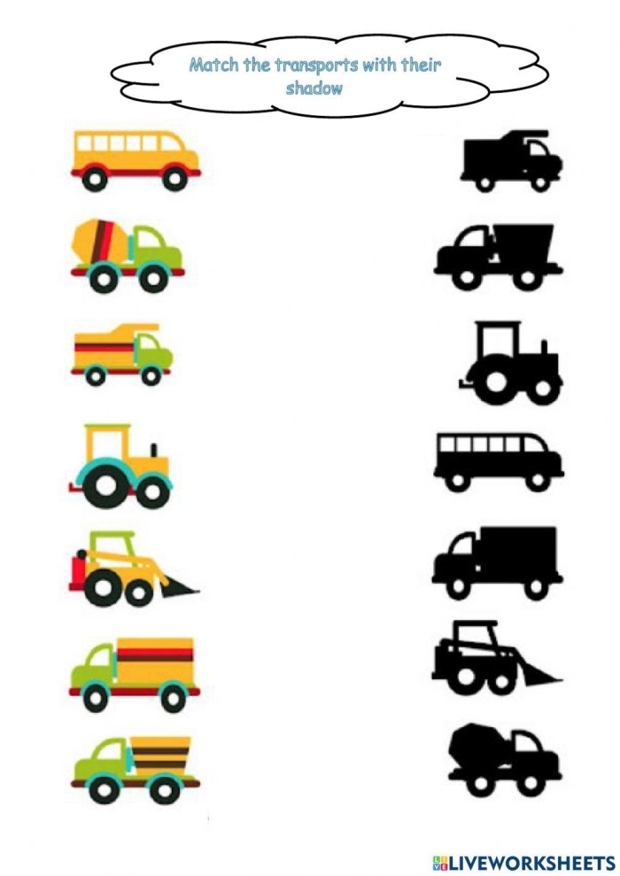 Kindergarten multiplication activity featuring modes of transport in a match-up worksheet Transportation Match-Up worksheet showing various vehicles for kindergarten multiplication learning