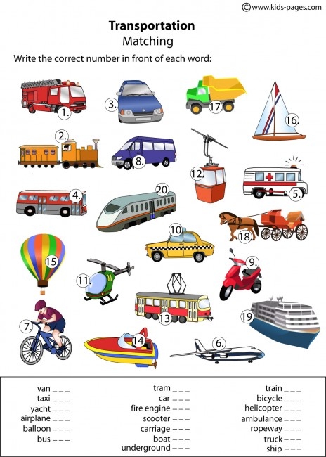 Transportation Match-Up activity for young learners focusing on land, air, and water vehicles, image 7 Kindergarten multiplication worksheet featuring various transportation modes to match by travel type
