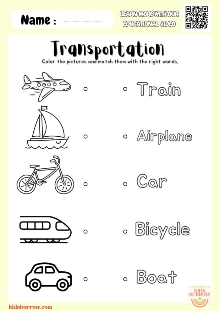 Transportation Match-Up worksheet with land, air, and water vehicles for young learners 23 Kindergarten worksheet showing various transportation modes for a fun multiplication match-up activity