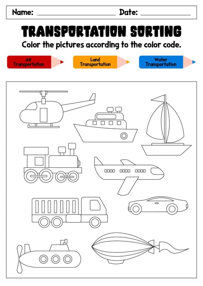 Kindergarten multiplication activity featuring different transportation modes on a match-up worksheet number 15 Transportation Match-Up worksheet showing various vehicles used on land, air, and water for kindergarten multiplication practice