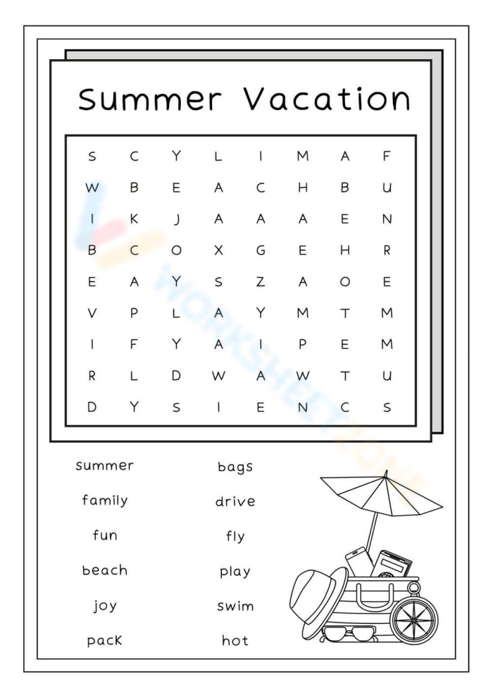 Kindergarten Vacation Word Search worksheet featuring summer travel words