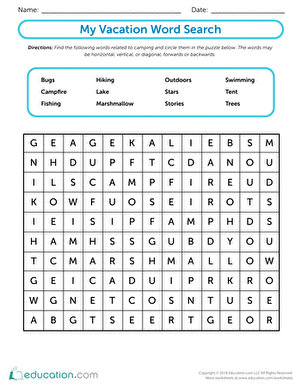 Kindergarten Vacation Word Search puzzle featuring holiday-themed words