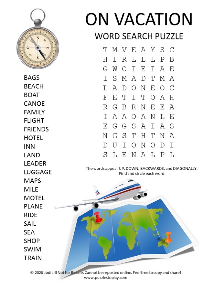Kindergarten vacation-themed word search puzzle for physical science students