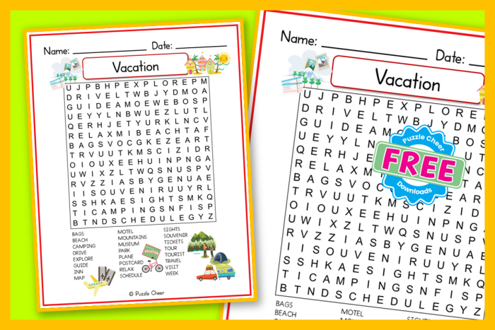 Kindergarten vacation-themed word search puzzle featuring simple words