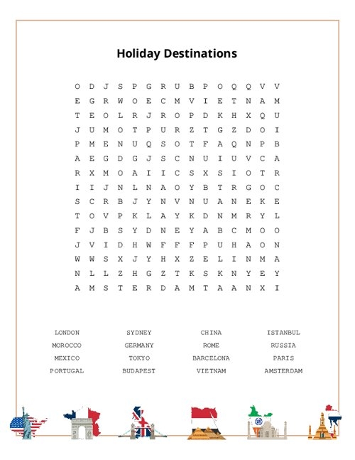 Kindergarten vacation word search puzzle with themed words to find