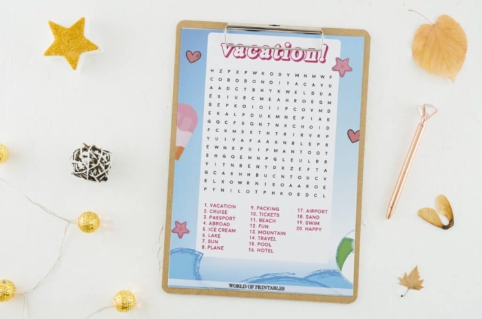 Kindergarten Vacation Word Search worksheet with fun summer-themed words to find