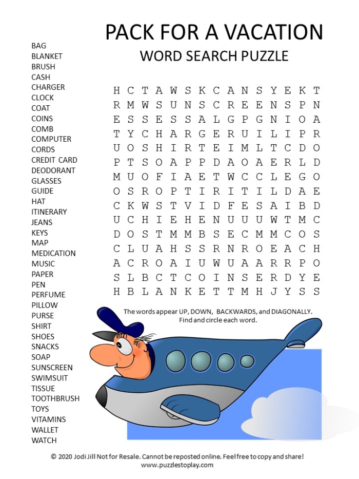 Kindergarten Vacation Word Search puzzle with summer-themed words to find