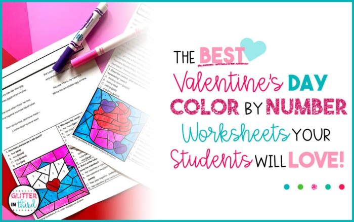 Valentine's Day number recognition activity for young learners with a space science theme Kindergarten Valentine's Day color by number worksheet featuring a heart-themed math puzzle