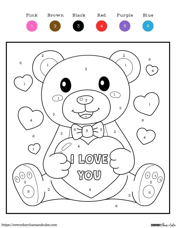 Kindergarten Valentine's Day number recognition activity worksheet 11 Valentine's Day Color by Number worksheet for kindergarten featuring a heart-themed math puzzle