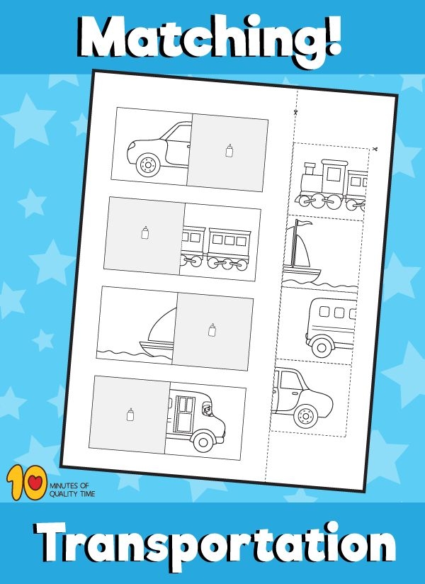 Kindergarten multiplication activity featuring transportation modes on the Transportation Match-Up worksheet 6 Transportation Match-Up worksheet showing various vehicles for kindergarten multiplication practice