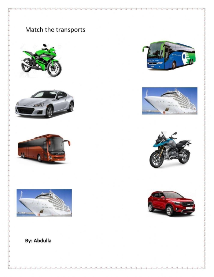Transportation Match-Up activity for young learners with land, air, and water transport modes, image 8 Kindergarten Transportation Match-Up worksheet showing various vehicles for multiplication practice