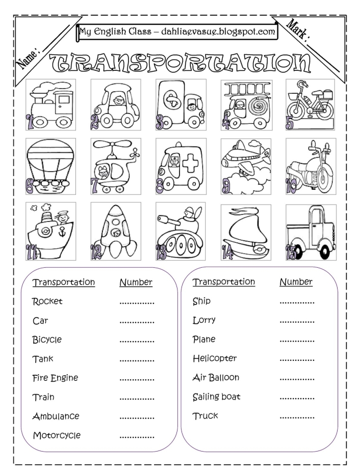 Kindergarten multiplication worksheet featuring land, air, and water transportation modes Transportation Match-Up worksheet showing various vehicles for kindergarten multiplication practice