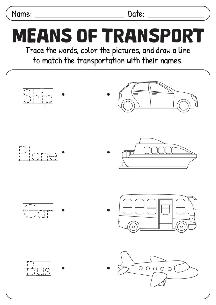 Transportation Match-Up worksheet for young learners exploring different travel modes, image 21 Kindergarten multiplication worksheet featuring a transportation match-up activity with land, air, and water vehicles