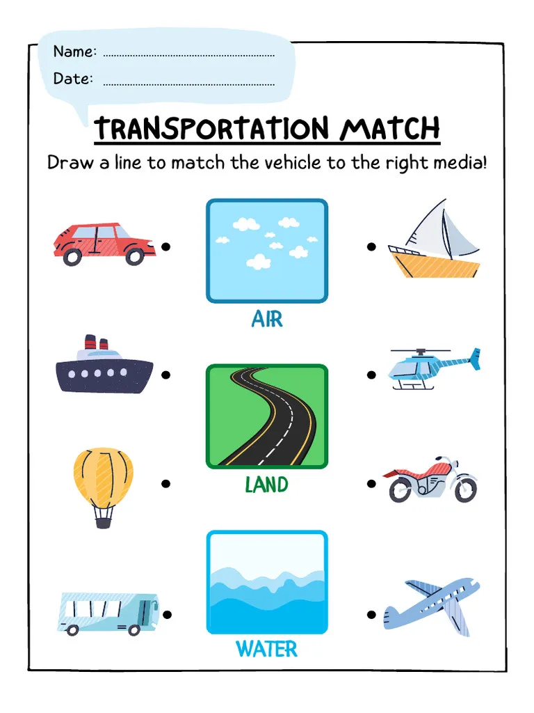 Kindergarten multiplication activity with different transportation modes to sort and match Transportation Match-Up worksheet featuring various vehicles for kindergarten multiplication practice