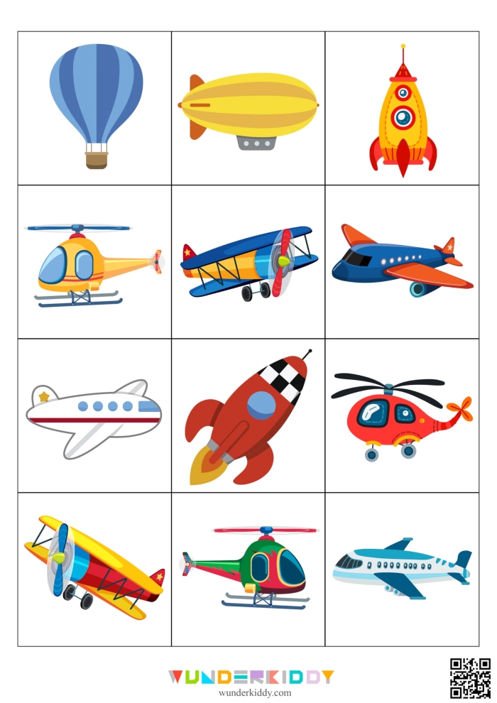 Kindergarten multiplication activity with different land, air, and water transport modes Transportation Match-Up worksheet showing various vehicles for multiplication practice