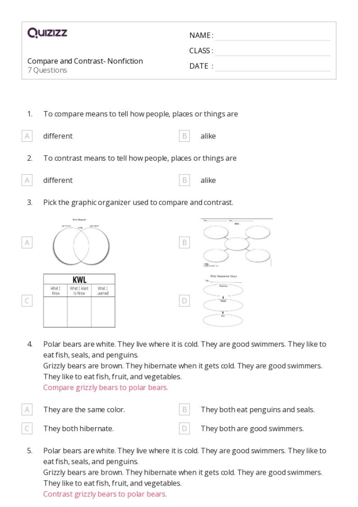 Kindergarten students using a nonfiction compare and contrast worksheet with a Venn diagram
