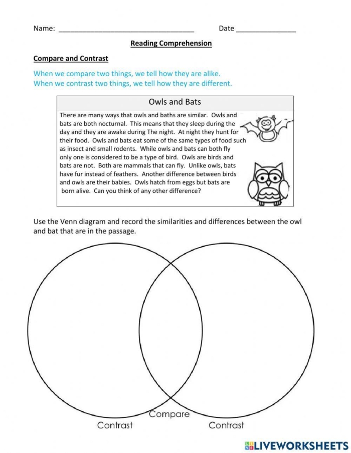 Kindergarten nonfiction compare and contrast worksheet featuring a Venn diagram for young learners