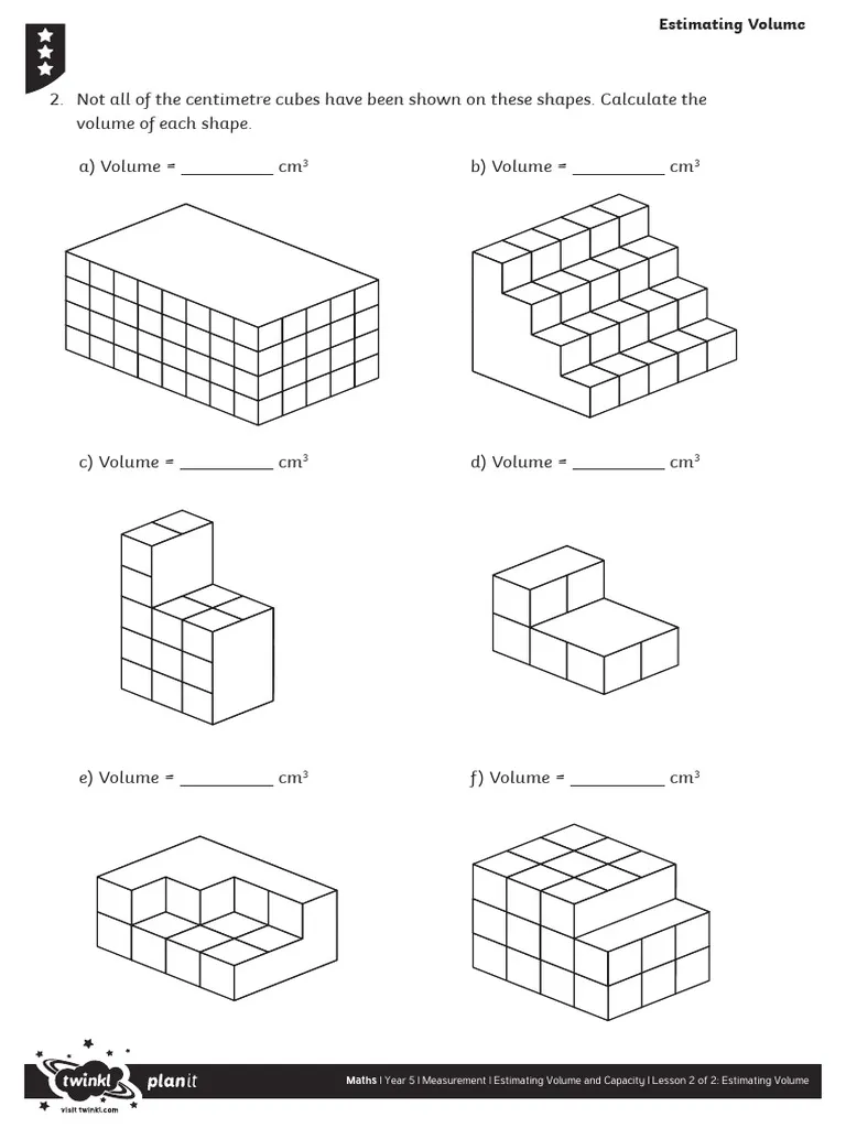 Printable Estimating Volume activity page for young learners, image 24 Kindergarten student practicing volume estimation with a colorful worksheet