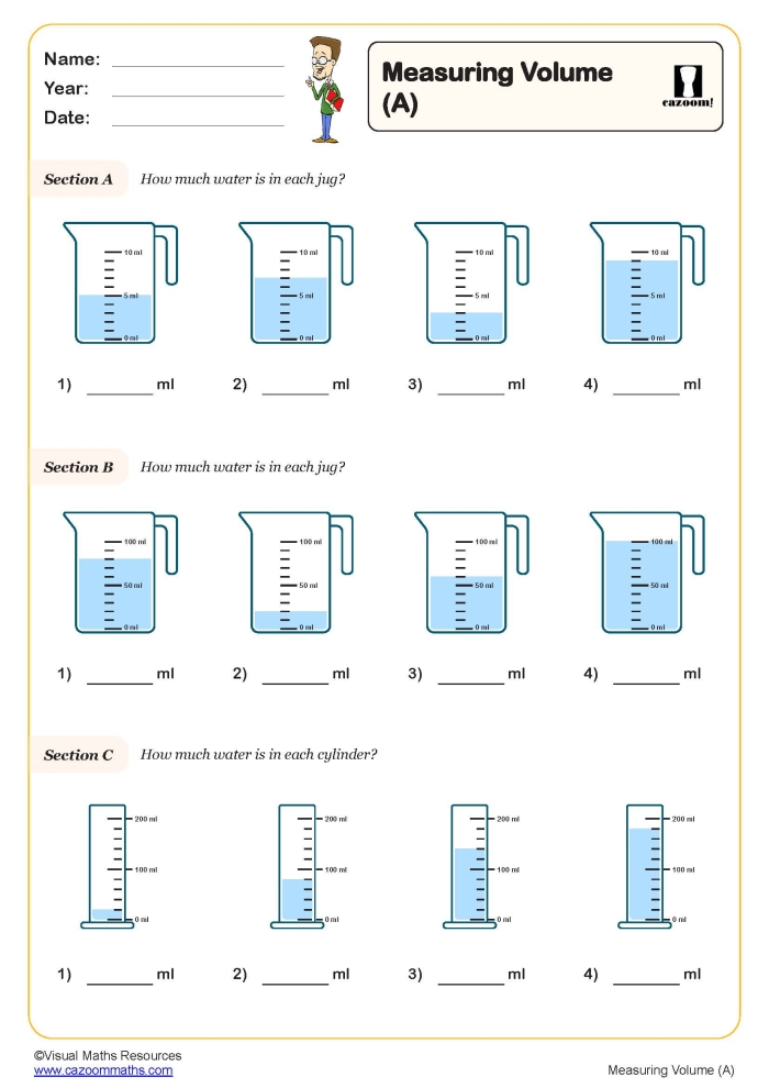 Physical Science Estimating Volume worksheet for young learners number 18 Kindergarten student estimating liquid volumes using a fun printable worksheet