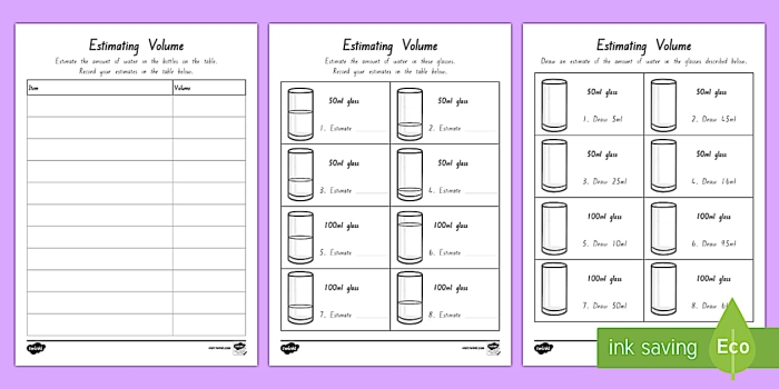 Physical Science Estimating Volume worksheet for young learners, image 14 Kindergarten student estimating volume using a colorful worksheet with liquid containers