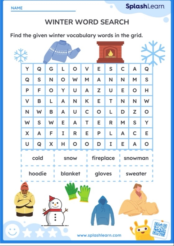 Winter Words worksheet for young learners matching words to winter images on page 7 Kindergarten Winter Words worksheet featuring pictures and a word bank for matching winter vocabulary