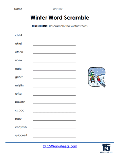 Winter Words worksheet for young learners matching words to images in a fun seasonal activity Kindergarten Winter Words worksheet showing pictures with blank spaces for writing winter-themed vocabulary