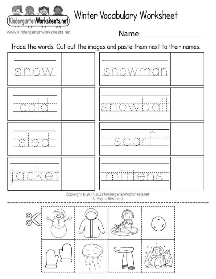 Winter Words worksheet for young learners with pictures and word clues for writing practice Kindergarten worksheet showing five winter-themed words matched with pictures using a word bank